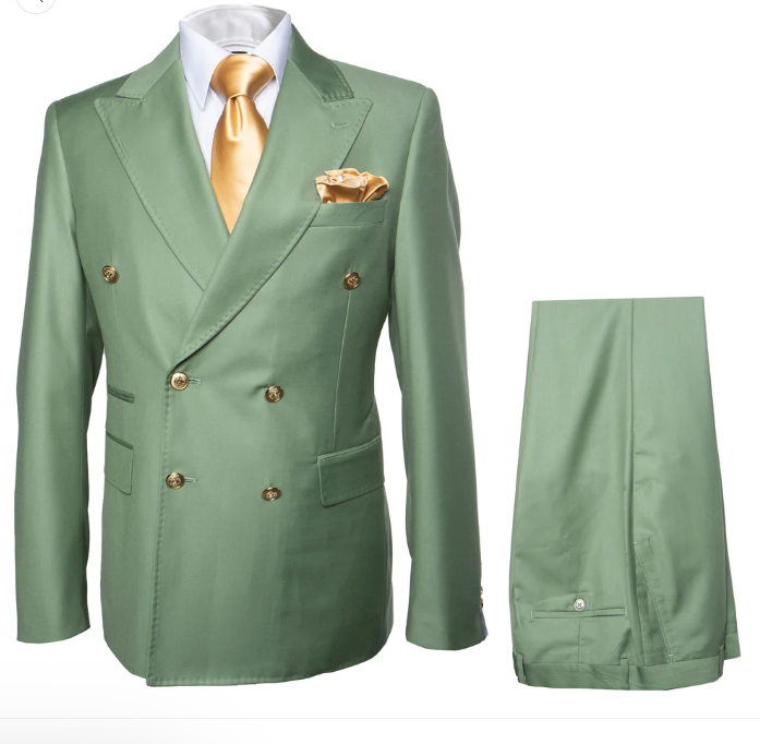 Men’s Sage Green Double Breasted 2 Piece Suit with Gold Buttons, Pistachio Formal Dress Suit