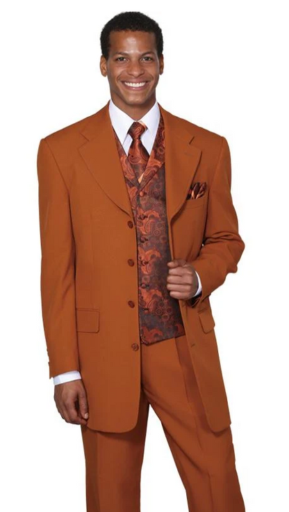 Mens Rust 3-Piece Fashion Suit  Notch Lapel with Paisley Vest, Tie and Pocket Square - Zoot Suit
