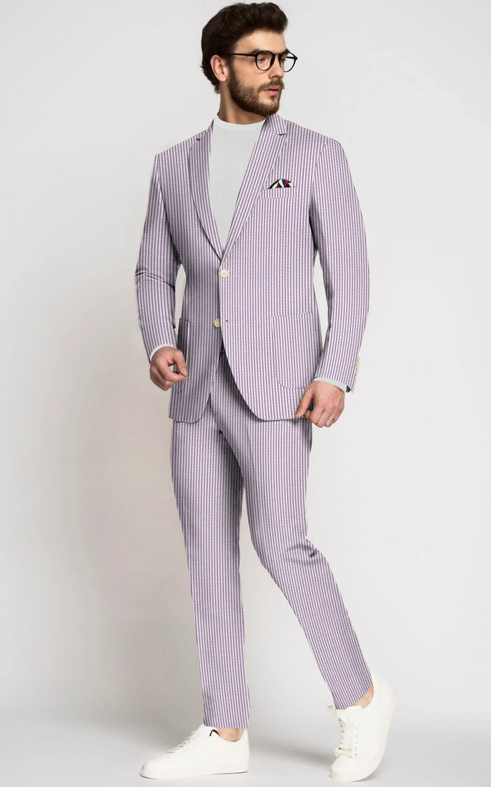 Mens Lavender Seersucker Suit Blazer  Pants Cotton Fabric - Summer Fabric