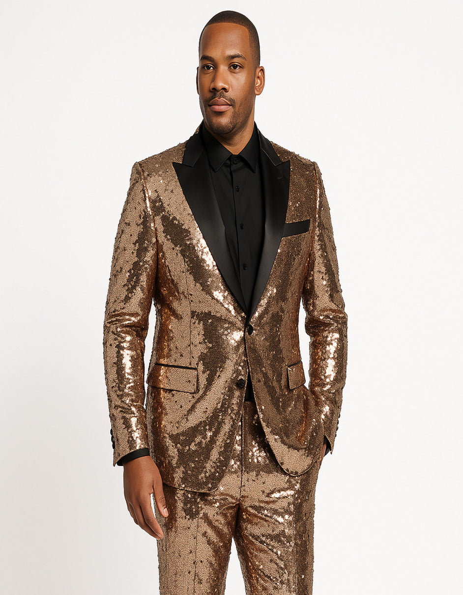 Luxury Rose Gold Sequin Tuxedo Suit for Men – Black Satin Lapel, Perfect for Events & Parties