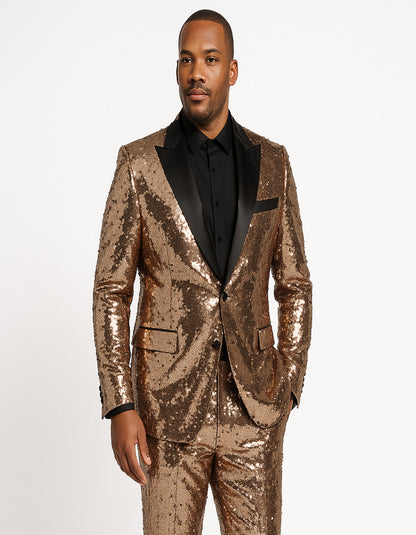 Luxury Rose Gold Sequin Tuxedo Suit for Men  Black Satin Lapel, Perfect for Events & Parties