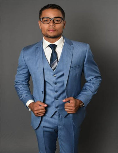 Men’s Steel Blue Sharkskin Textured 3 Piece Suit, Dusty Blue Formal Wedding Dress Suit