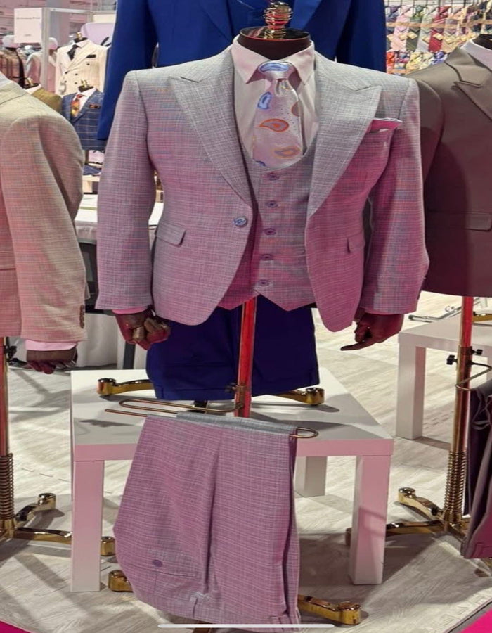 Rossiman Sharkskin Gray Plaid Suit ?? Double-Breasted Windowpane Suit for Men