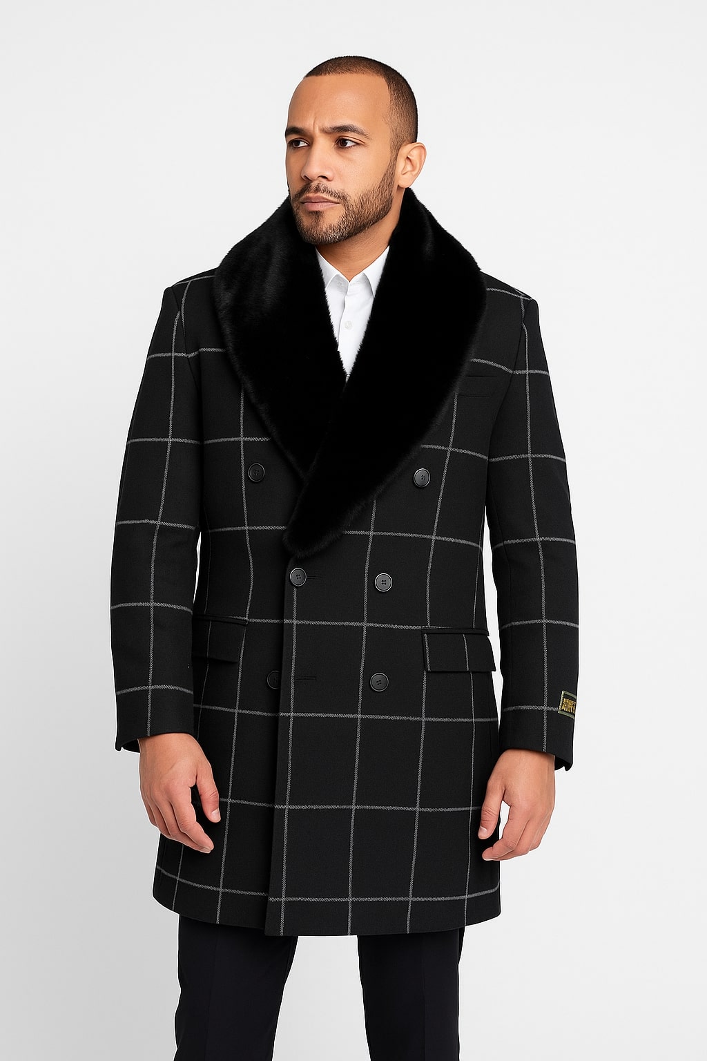 Mens Black Windowpane Wool Overcoat with Faux Fur Shawl Collar  Double-Breasted Long Coat