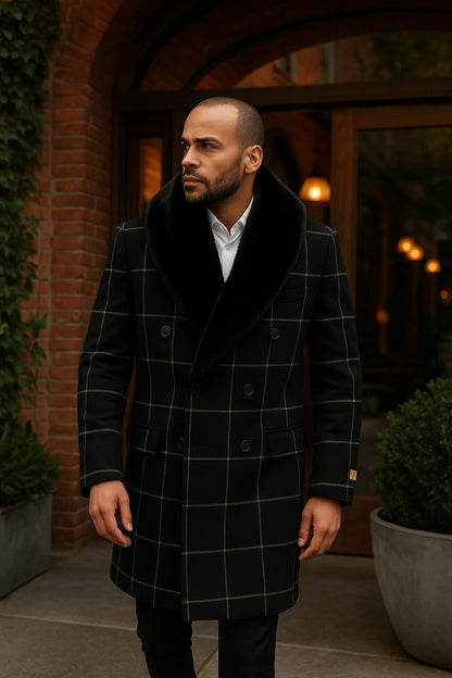 Mens Black Windowpane Wool Overcoat with Faux Fur Shawl Collar  Double-Breasted Long Coat