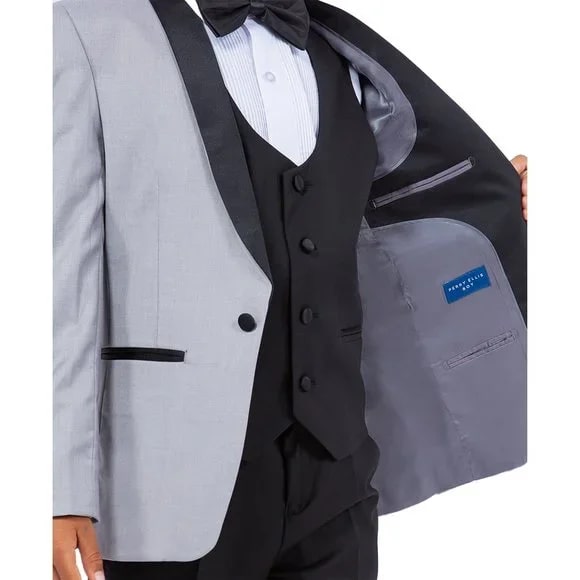 New Perry Ellis Boys Light Gray Tuxedo Set, Solid 5-Piece Black Shawl Collar - Men's Tuxedo USA