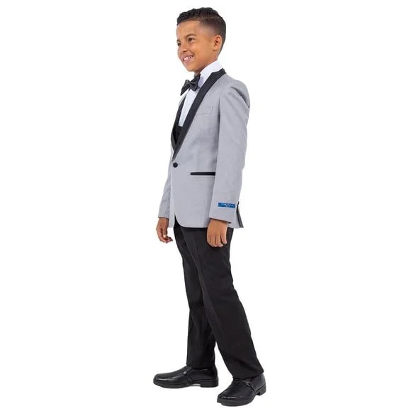 New Perry Ellis Boys Light Gray Tuxedo Set, Solid 5-Piece Black Shawl Collar - Men's Tuxedo USA