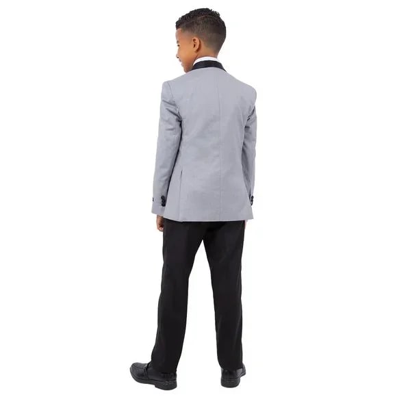 New Perry Ellis Boys Light Gray Tuxedo Set, Solid 5-Piece Black Shawl Collar - Men's Tuxedo USA