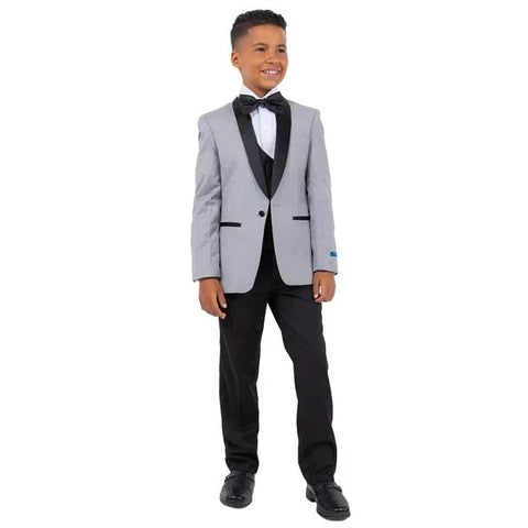 New Perry Ellis Boys Light Gray Tuxedo Set, Solid 5-Piece Black Shawl Collar - Men's Tuxedo USA