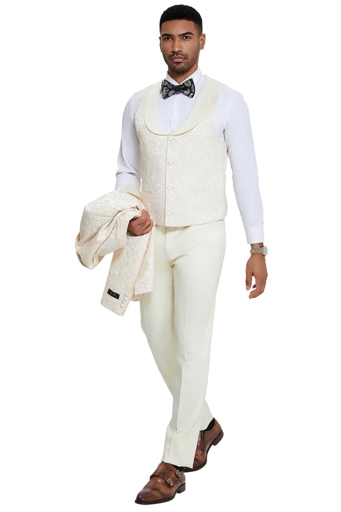 Mens Designer Wedding & Prom Shawl Lapel Vested Paisley Tuxedo in Ivory
