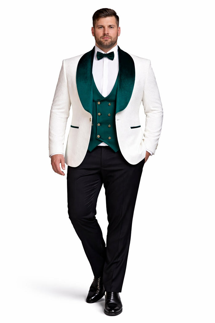Mens Groom Wedding Shawl Collar - Paisley Green Velvet 4pc Suit W/ Matching Bowtie