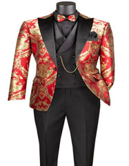 Mens Shiny Paisley Vested Wedding and Prom Tuxedo in Red and Gold