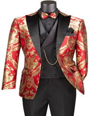 Mens Shiny Paisley Vested Wedding and Prom Tuxedo in Red and Gold