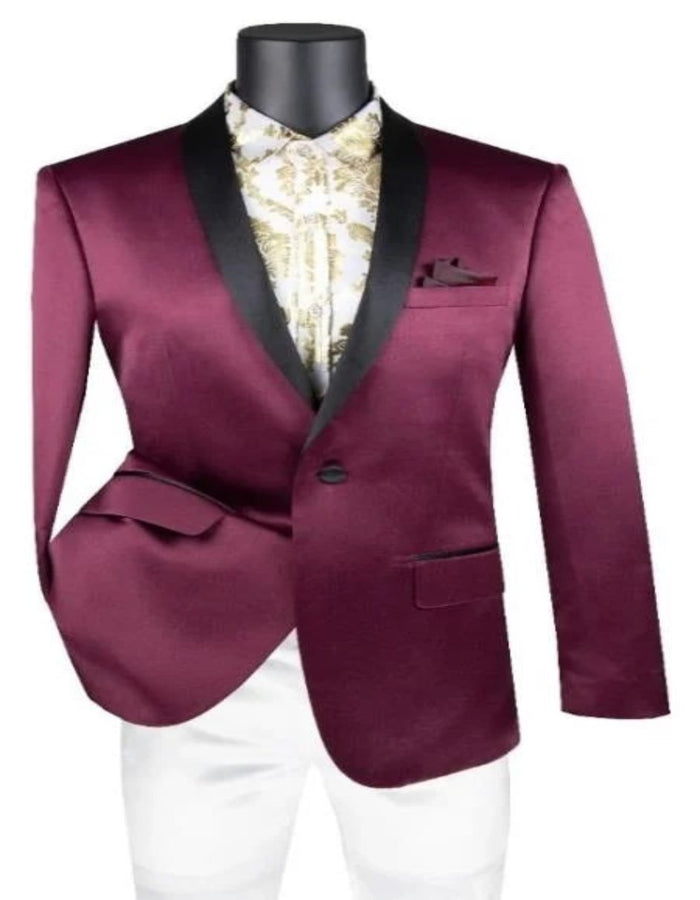 Men's Maroon Burgundy Tuxedo - Shiny Sharkskin Fabric, Ideal for Prom or Wedding
