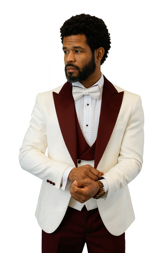 Hilton White & Burgundy Paisley Peak Lapel Tuxedo Jacket with Matching Shawl Vest & Wool Pants  Includes Bow Tie