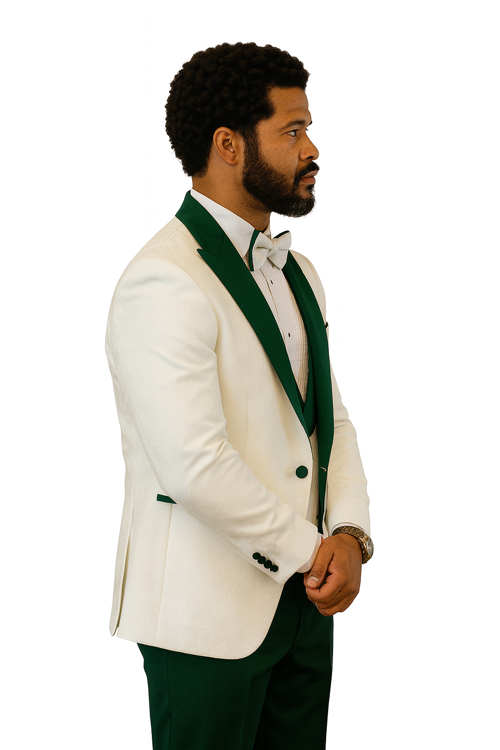Hilton White and Hunter Green Paisley Peak Lapel Tuxedo Jacket with Matching Shawl Vest and Wool Pants  Includes Bow Tie