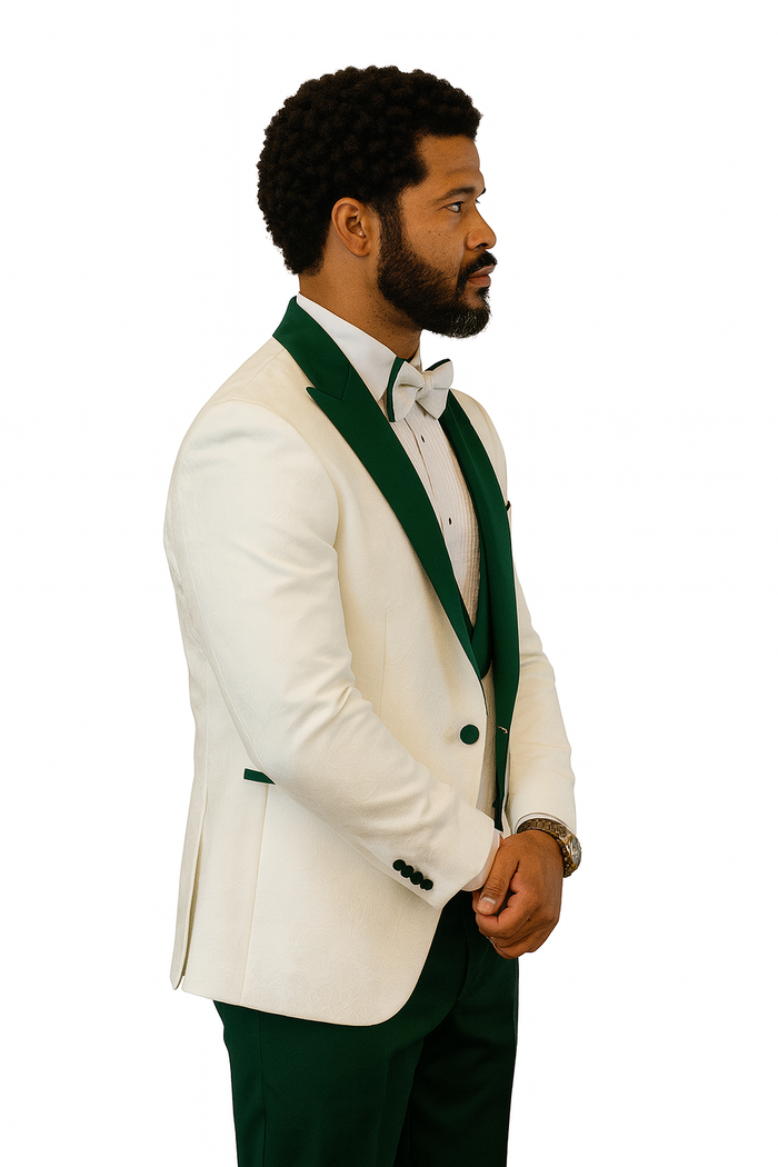 Hilton White and Hunter Green Paisley Peak Lapel Tuxedo Jacket with Matching Shawl Vest and Wool Pants  Includes Bow Tie