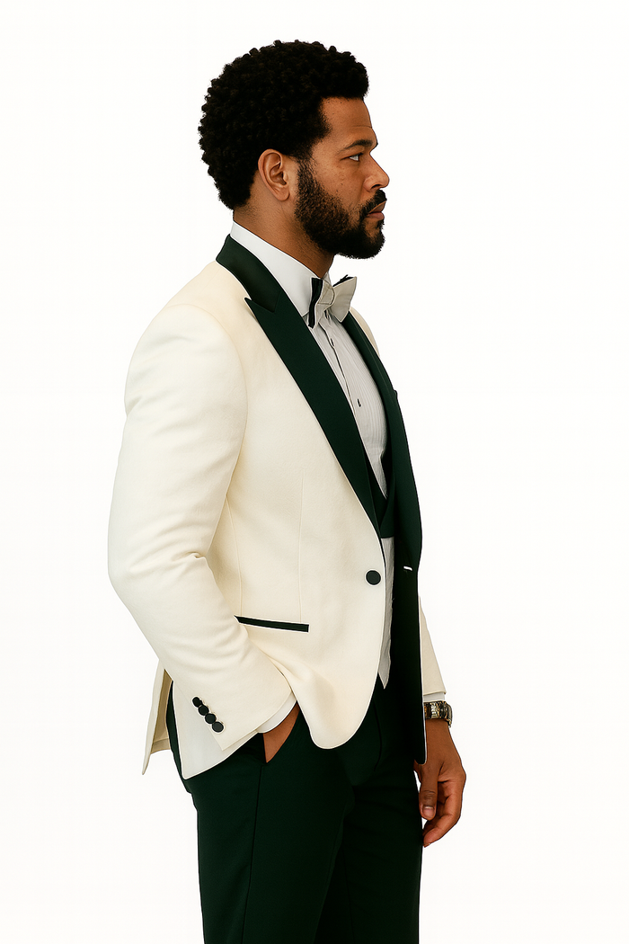 Hilton White and Black Paisley Peak Lapel Tuxedo Jacket with Matching Shawl Vest and Wool Pants  Includes Bow Tie
