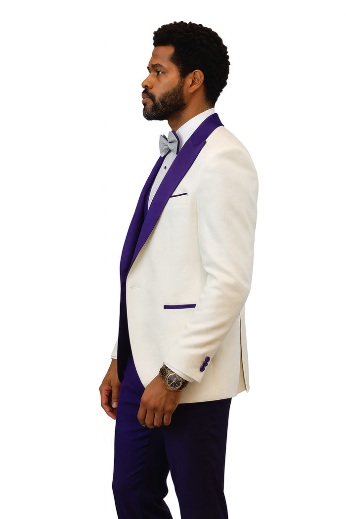 Hilton White and Purple Paisley Peak Lapel Tuxedo Jacket with Matching Shawl Vest and Wool Pants  Includes Bow Tie