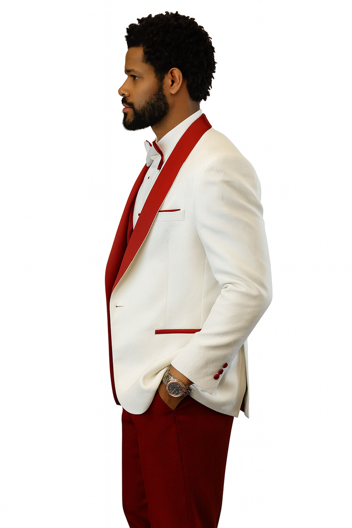 Hilton White and Red Paisley Peak Lapel Tuxedo Jacket with Matching Shawl Vest and Wool Pants  Includes Bow Tie