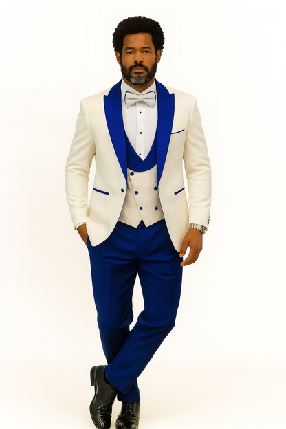 Hilton White and Royal Blue Paisley Peak Lapel Tuxedo Jacket with Matching Shawl Vest and Wool Pants  Includes Bow Tie