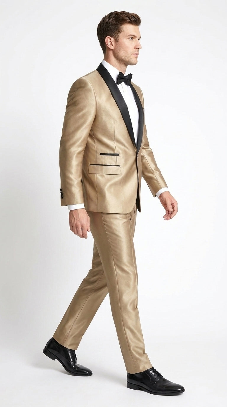 Men’s Champagne 2-Piece Tuxedo Suit with Black Shawl Lapel – Wedding & Prom