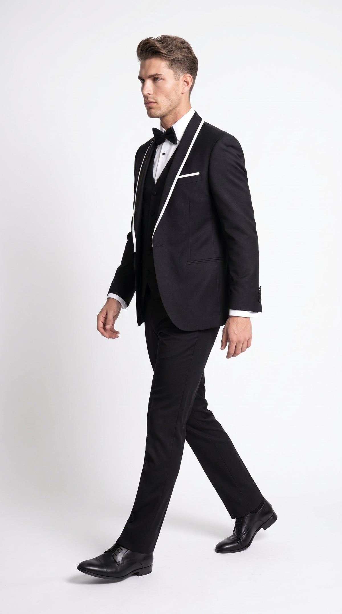 Men's Statement Suits Black 3-Piece Fashion Tuxedo – White Piping Shawl Lapel Wedding, Prom & Formal Dinner Suit