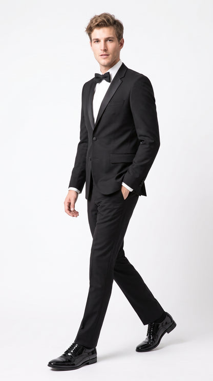 Men’s Black Wool Tuxedo Suit, 2 Button Modern Fit Formal Wedding Prom Tuxedo