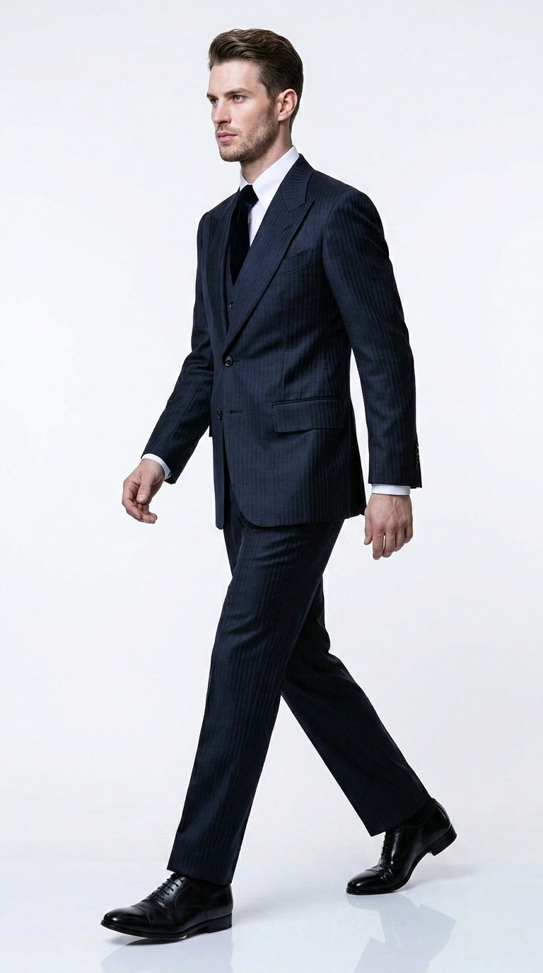 Men’s Navy Herringbone Textured 3 Piece Suit Set, Classic Formal Blazer, Waistcoat and Trouser Outfit