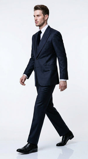 Men’s Navy Herringbone Textured 3 Piece Suit Set, Classic Formal Blazer, Waistcoat and Trouser Outfit