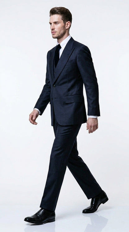 Men’s Navy Herringbone Textured 3 Piece Suit Set, Classic Formal Blazer, Waistcoat and Trouser Outfit