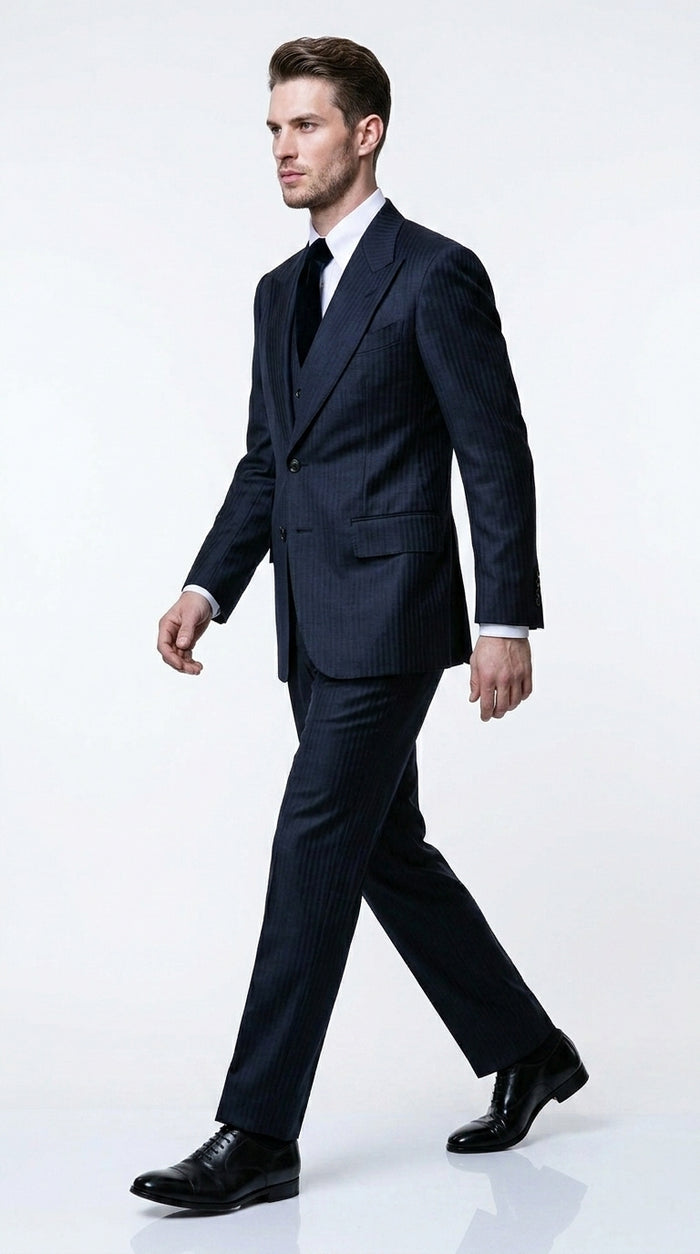 Men’s Navy Herringbone Textured 3 Piece Suit Set, Classic Formal Blazer, Waistcoat and Trouser Outfit
