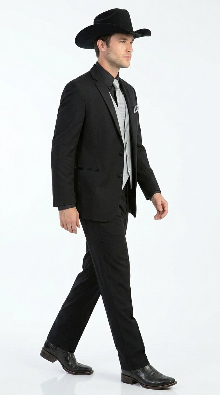 Men’s Black 2 Button Trim Cowboy Suit with Silver Waistcoat, Country Wedding Formal Suit Set