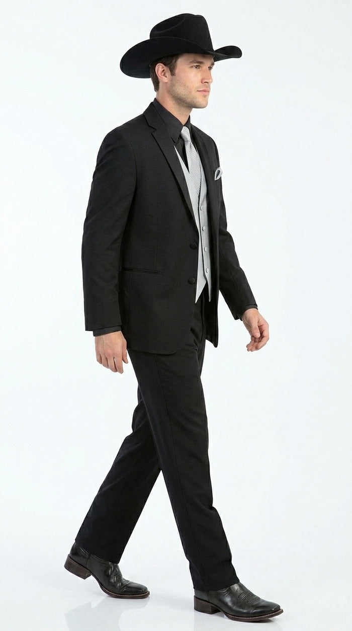 Men’s Black 2 Button Trim Cowboy Suit with Silver Waistcoat, Country Wedding Formal Suit Set