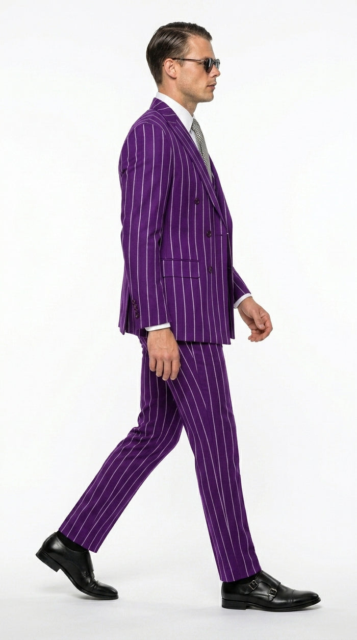 Men’s Purple Pinstripe 1920s Gangster Suit, Vintage Formal 3 Piece Wedding Prom Suit Set