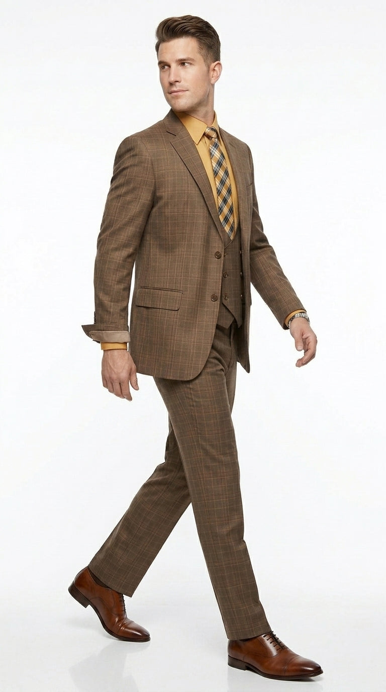 Men’s Brown Windowpane Plaid 3 Piece Suit, Two Button Peak Lapel Classic Formal Suit Set