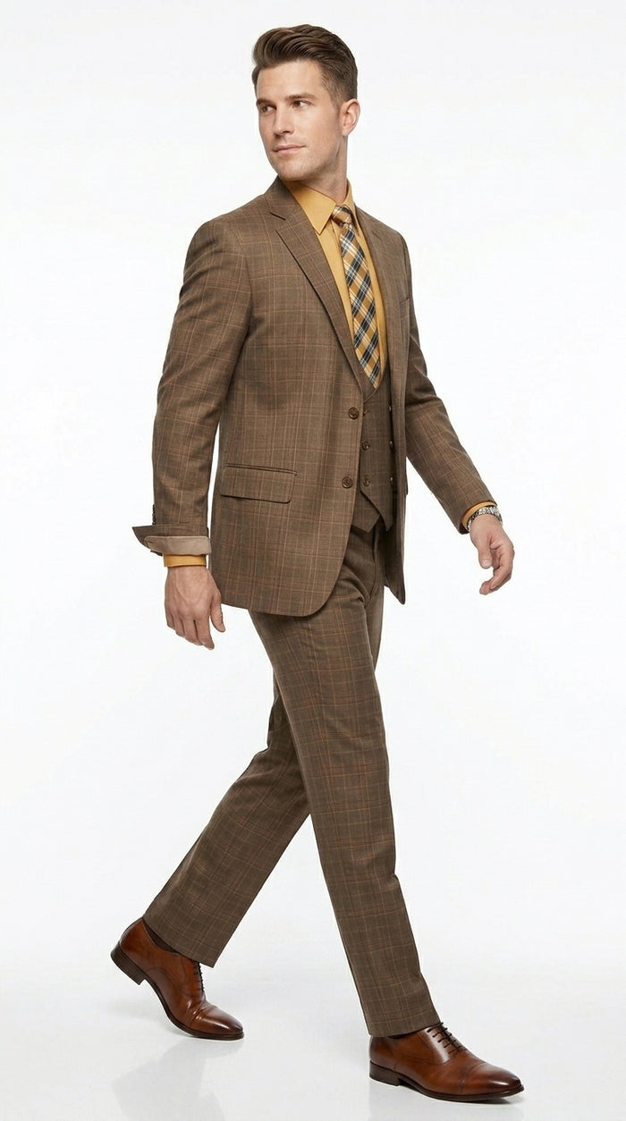 Men’s Brown Windowpane Plaid 3 Piece Suit, Two Button Peak Lapel Classic Formal Suit Set