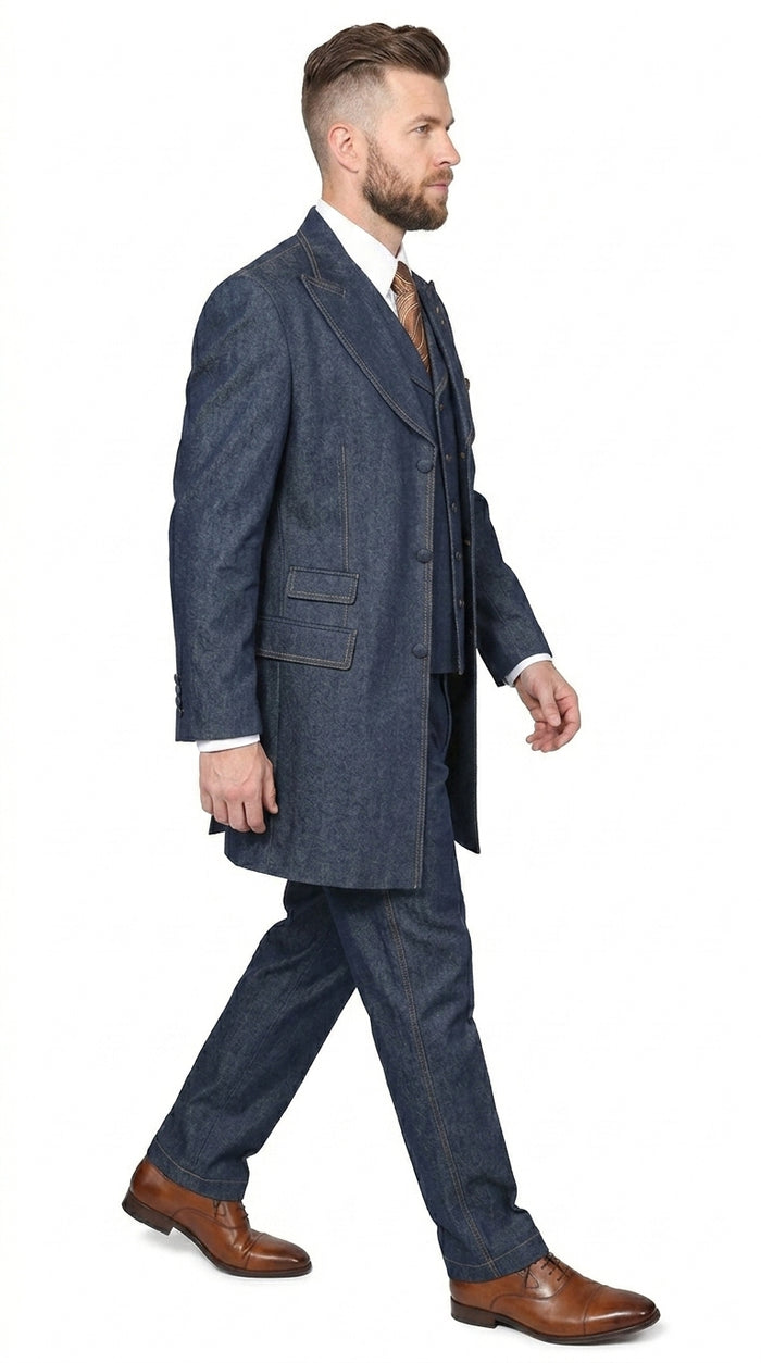 Men’s Blue Denim Zoot Suit, Long Vested Vintage Jeans Style Formal Suit Set