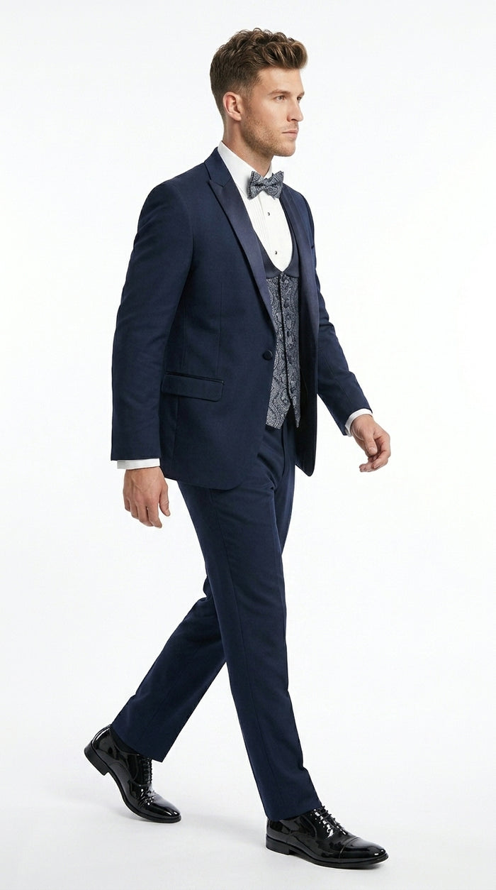 Men’s Indigo Blue One Button Shawl Tuxedo with Paisley Vest, Formal Wedding Prom Dinner Suit Set