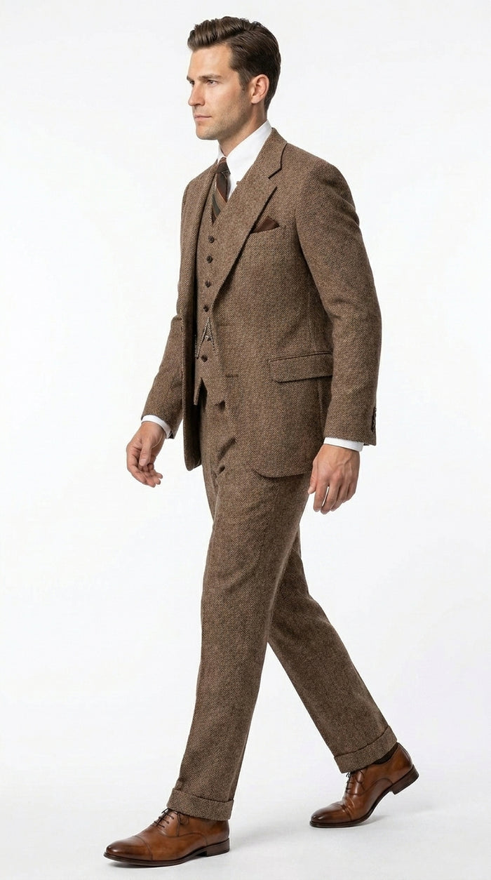 Men’s Light Brown Tweed Herringbone 3 Piece Great Gatsby Suit, Vested Vintage Wedding Formal Suit Set