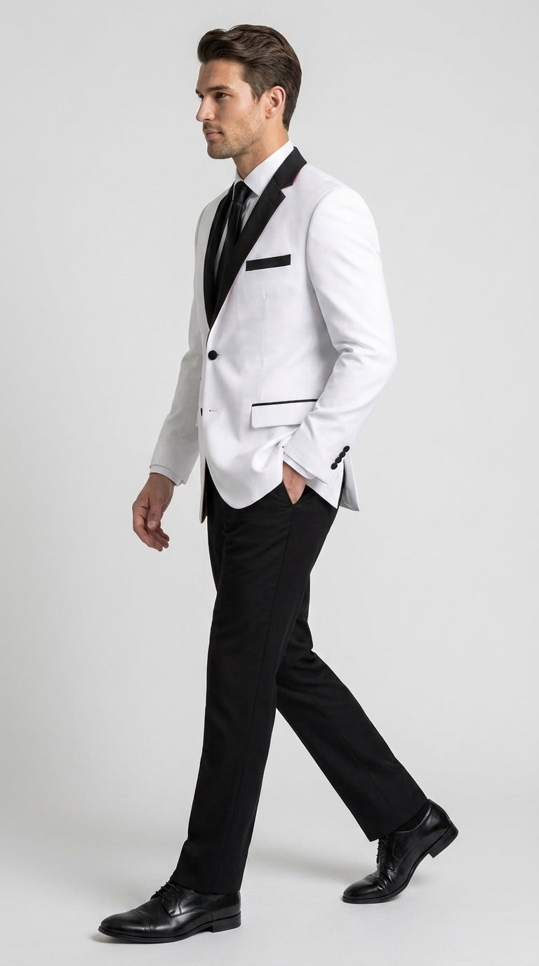 Boys White and Black Two Tone Tuxedo Suit, 2 Button Wedding Party Dinner Jacket with Black Pants