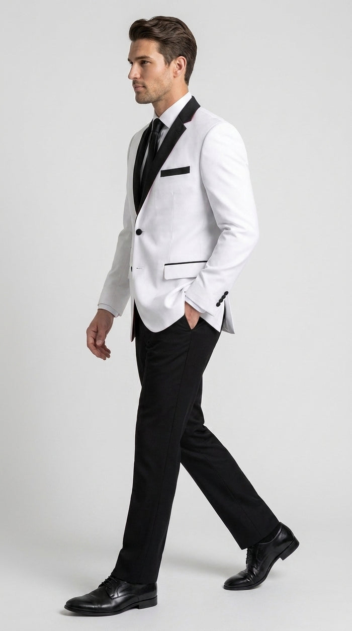 Boys White and Black Two Tone Tuxedo Suit, 2 Button Wedding Party Dinner Jacket with Black Pants