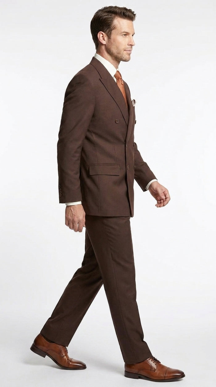 Men's Brown Double-Breasted Poplin Suit – Classic 6 Button Business, Wedding & Formal Suit for Men