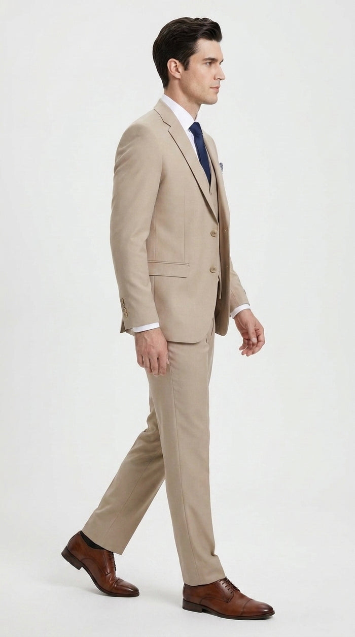 Stacy Adams Men’s Tan 3-Piece Suit – Two-Button Jacket, Matching Vest and Dress Pants