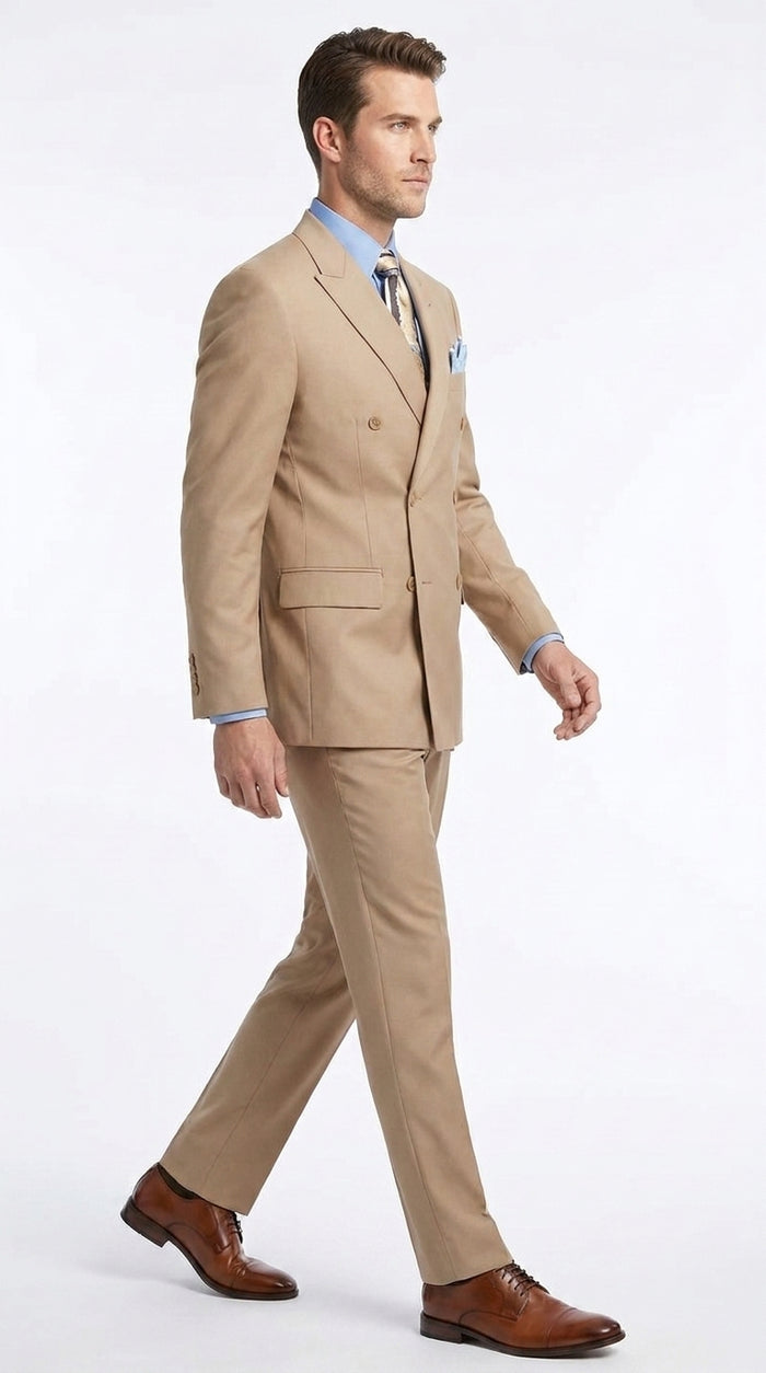 Men’s Tan Double-Breasted Suit – Classic Peak Lapel Business, Wedding and Formal Suit