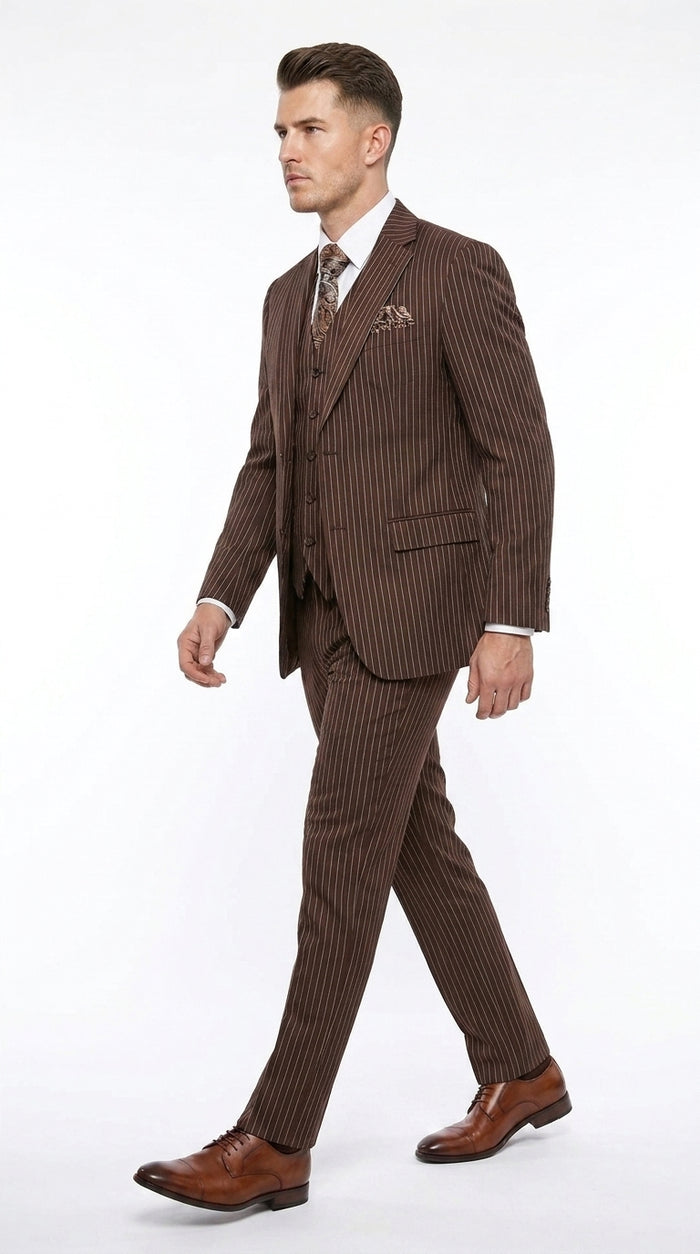 1920s Brown Pinstripe Suit for Men – 3 Piece Vintage Gangster Costume with Vest | Wide Pinstripe Classic Fit