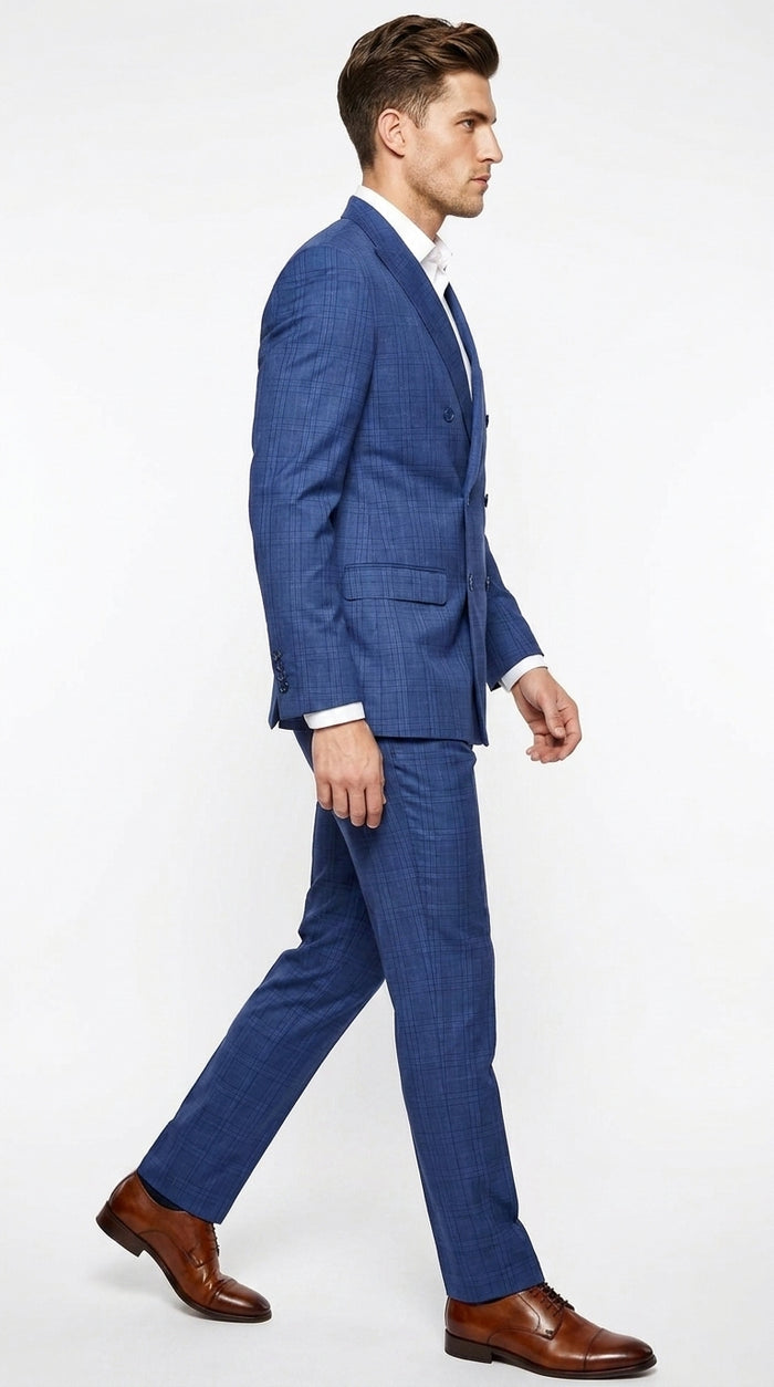 Men’s Royal Blue Plaid Double-Breasted Suit – 1920s Gangster Windowpane Wedding and Formal Suit