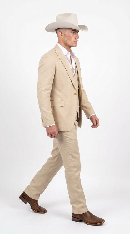 Men’s Light Beige 3-Piece Suit – Peak Lapel Jacket, Double-Breasted Vest and Matching Pants