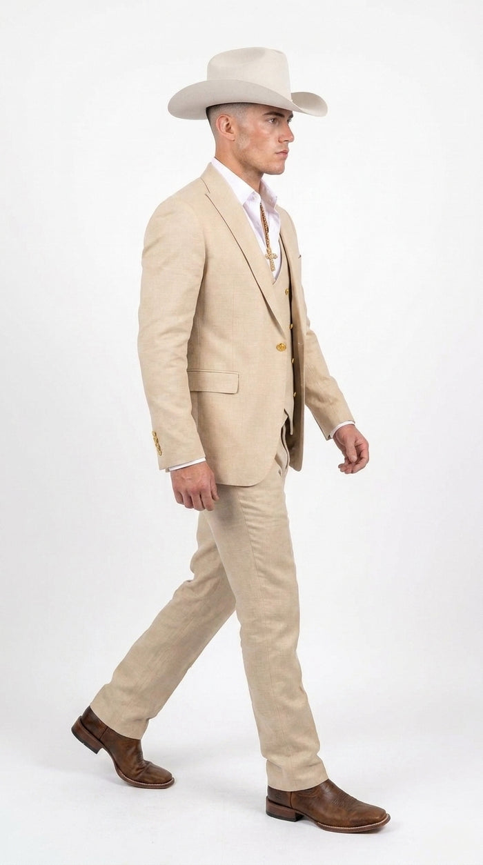 Men’s Light Beige 3-Piece Suit – Peak Lapel Jacket, Double-Breasted Vest and Matching Pants