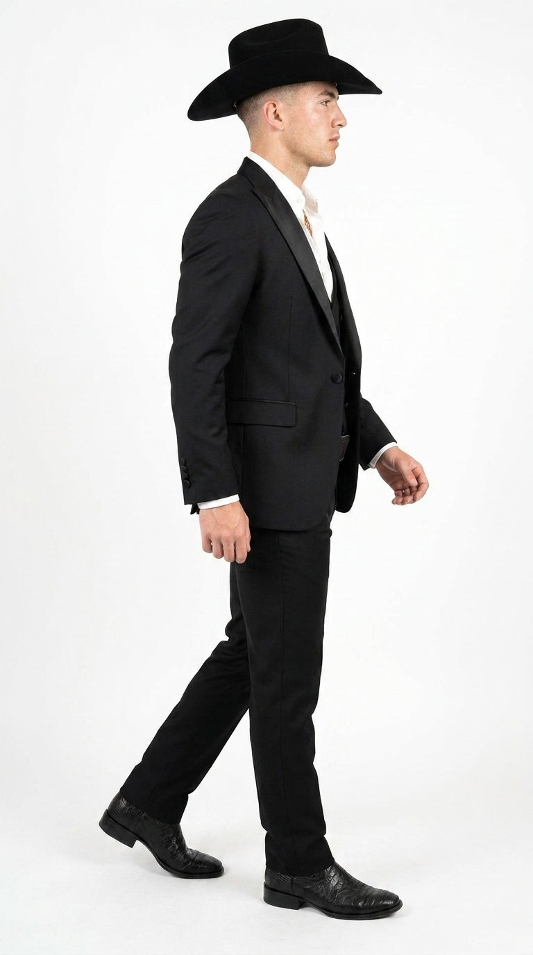 Men’s Black Western Tuxedo Suit – Satin Shawl Lapel Jacket with Double-Breasted Vest and Pants
